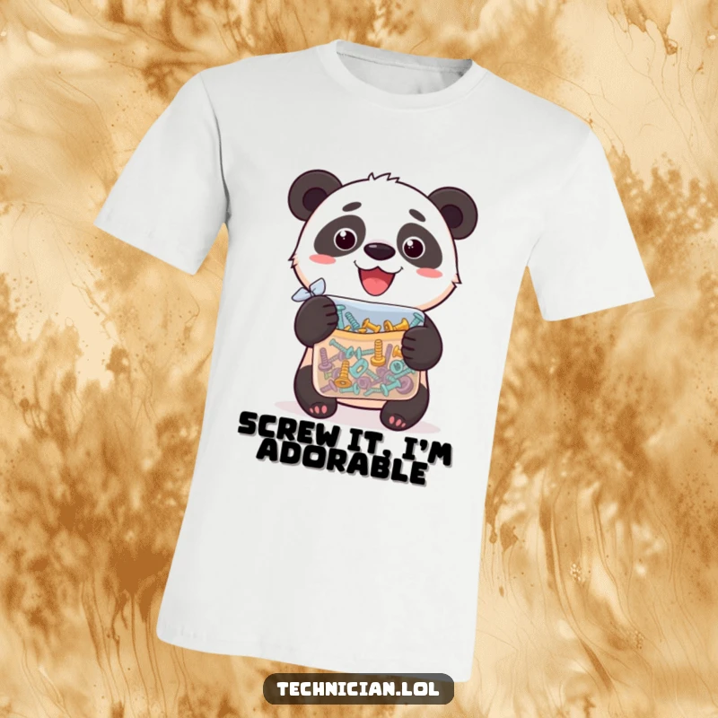 Funny t-shirt graphic of a silly panda proudly holding a bag overflowing with assorted screws, a humorous gift.
