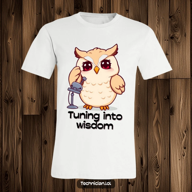 Funny, cheerful owl adjusting a satellite dish, symbolizing connectivity and smarts, great for a tech-themed funny gift.