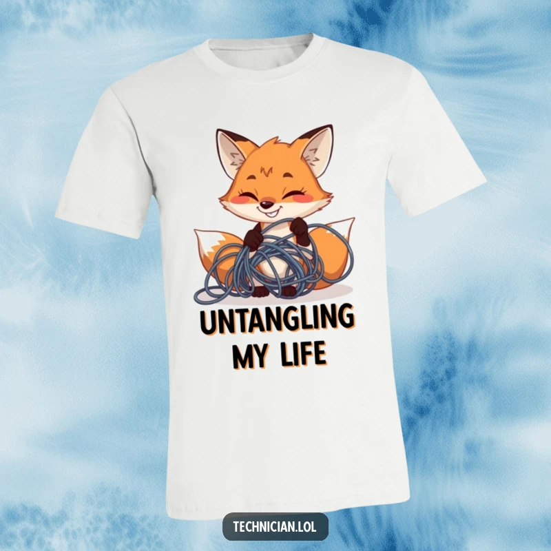 Funny determined fox grinning while fixing tangled wires, printed on a t-shirt, perfect funny gift.