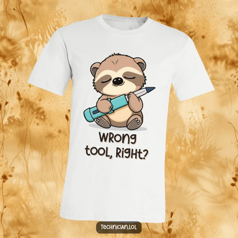 Funny Sloth DIY T-Shirt: A sleepy sloth holds a screwdriver incorrectly, highlighting humor in mistakes and a relaxed attitude.