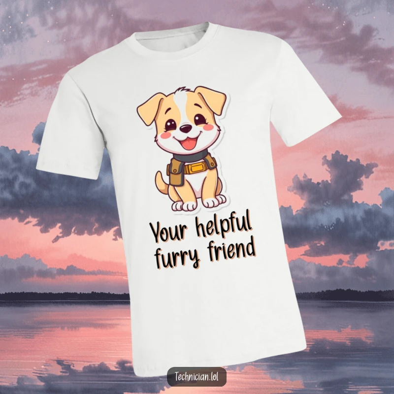 Funny t-shirt depicting a joyful puppy wearing a tool belt, showcasing its eagerness and readiness to assist with humorous charm and appeal.