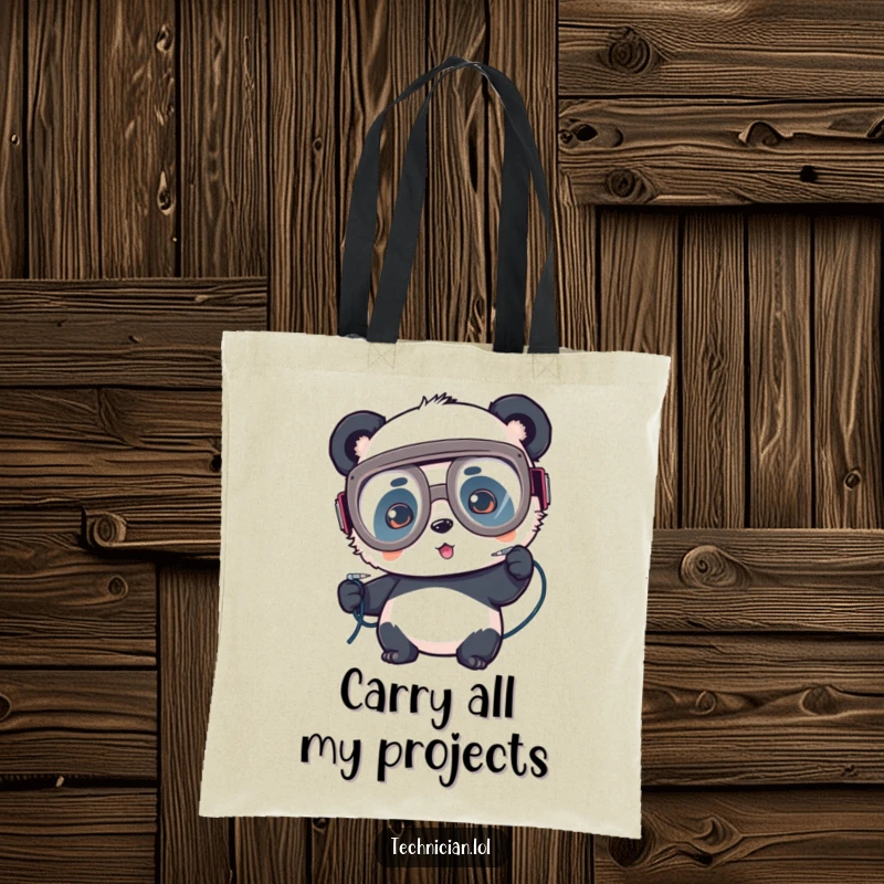 Funny tote bag, playful panda with large goggles, soldering wires, crafter accessory, DIY tote.