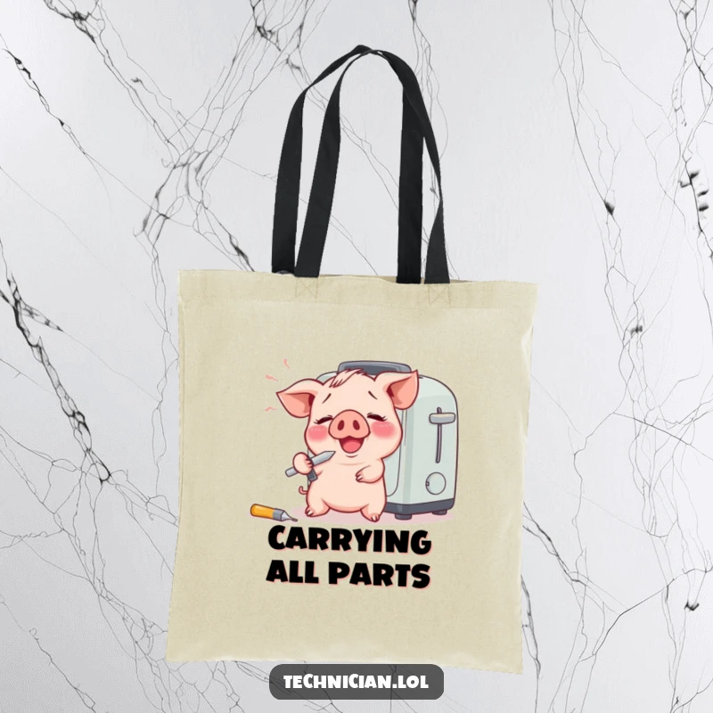 Funny tote bag with a giggling piglet holding a screwdriver, comically fixing a toaster, great for carrying essentials.