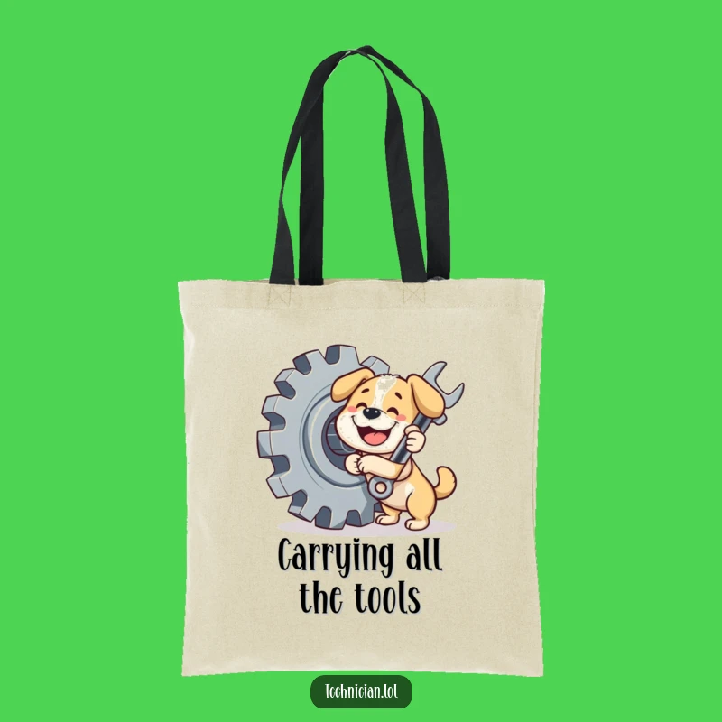 Funny Dog Tote Bag: Handy mechanic pup holding a wrench, a practical funny gift.
