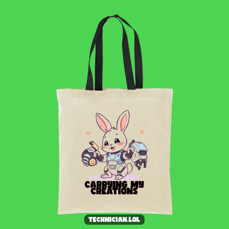 Funny Bunny Tote Bag: Builder bunny with robot arm, a practical funny gift.