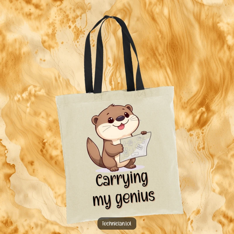 Funny Otter Tote Bag with a giggling otter pointing curiously at a blueprint, ideal for carrying project essentials with humor.
