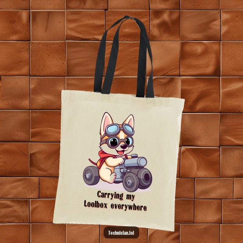Funny tote bag with a brave dog in goggles working on a small engine, perfect for carrying tools and making people smile.