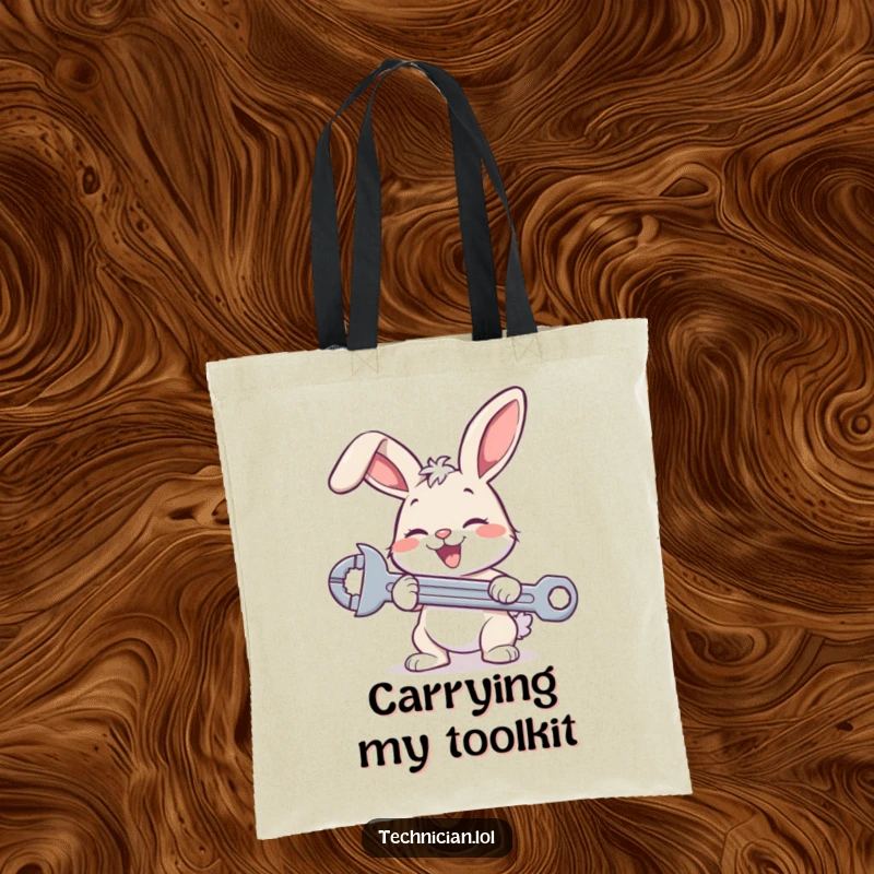 Funny bunny mechanic tote bag, a cheerful rabbit with a wrench, illustrating a love for DIY and cute animals.