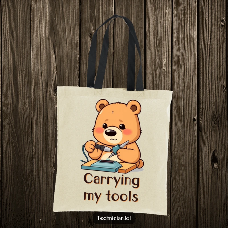Funny Bear Tote Bag with a proud bear intensely concentrating on soldering, ideal for carrying maker essentials with humor.