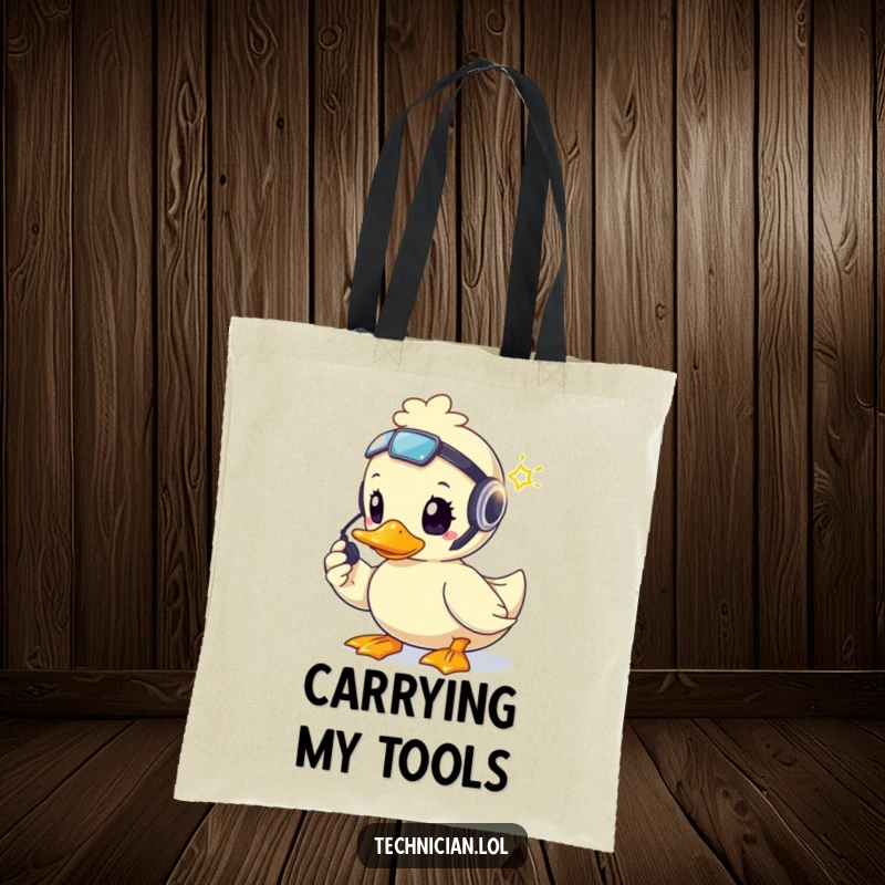 Funny brave duck wearing a headset, fixing a blinking light, on a practical tote bag.