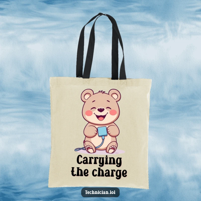 Funny bear with a huge grin, plugging in a cable, on a durable tote bag, excellent for shoppers.