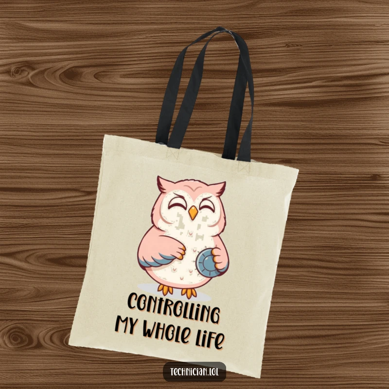 Funny tote bag depicting a content owl smiling while adjusting a dial on a control panel, a whimsical and practical accessory.