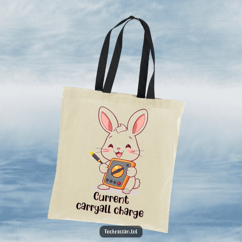 Funny bunny carrying a multimeter, ready for electrical tasks, stylish and humorous tote bag, perfect for a funny gift.