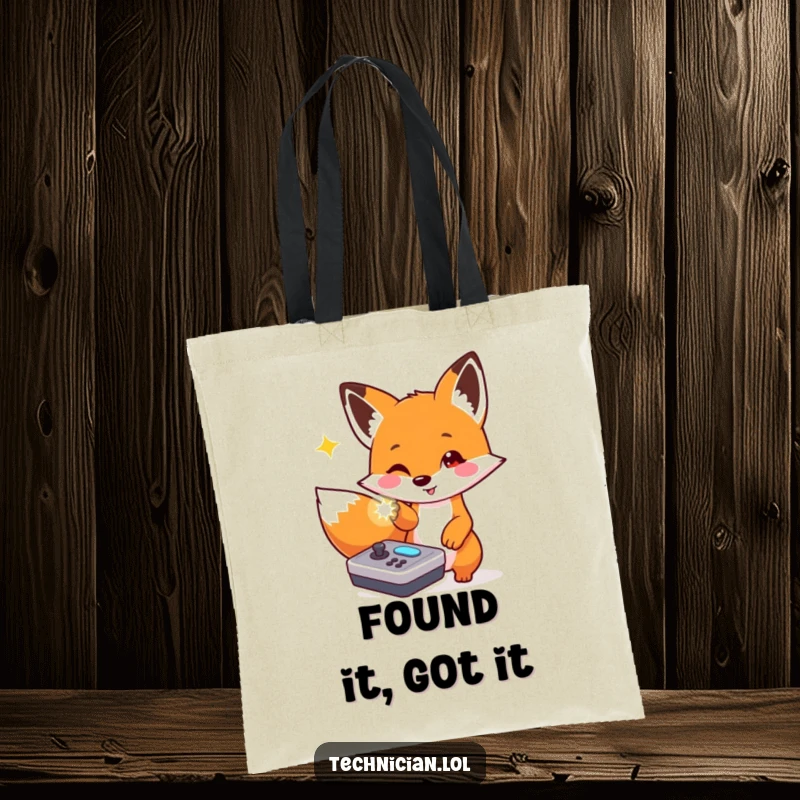 Funny tote bag with a playful fox pointing at a flashing light on a console, a gamer's stylish accessory.