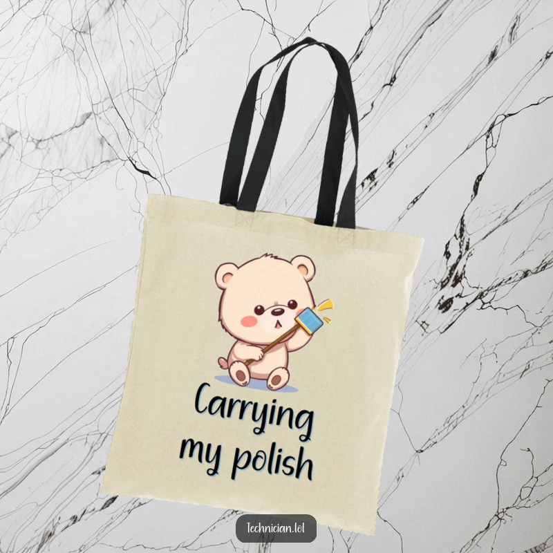 Funny bear tote bag showing a focused bear carefully wiping a metallic surface, ensuring it's spotless and gleaming.