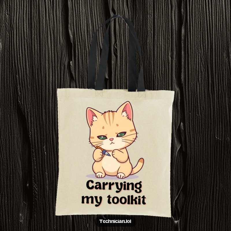 Funny tote bag, determined cat using a tiny screwdriver, precise mechanic, cat lover accessory.