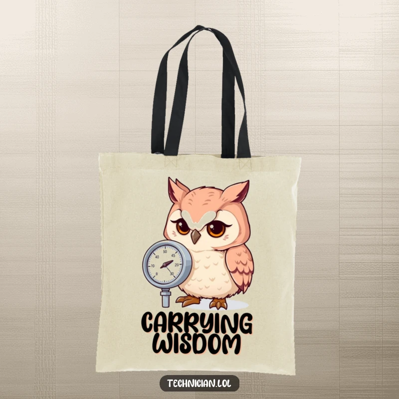 Funny owl intently focused on a pressure gauge, ready to measure anything, on a practical tote bag.