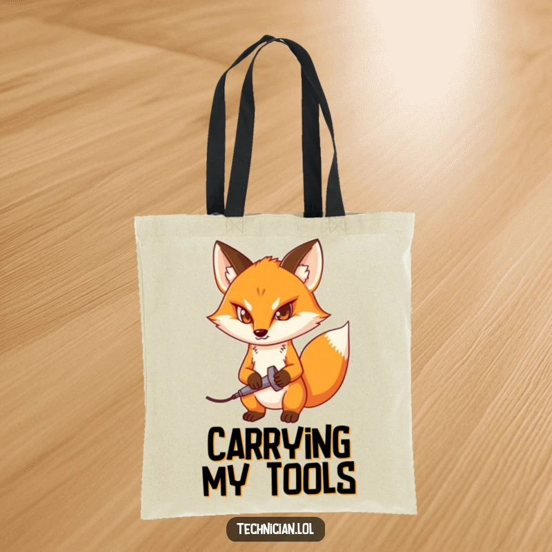 Funny tote bag with a determined fox holding a soldering iron, perfect for carrying crafting supplies with a proactive attitude.