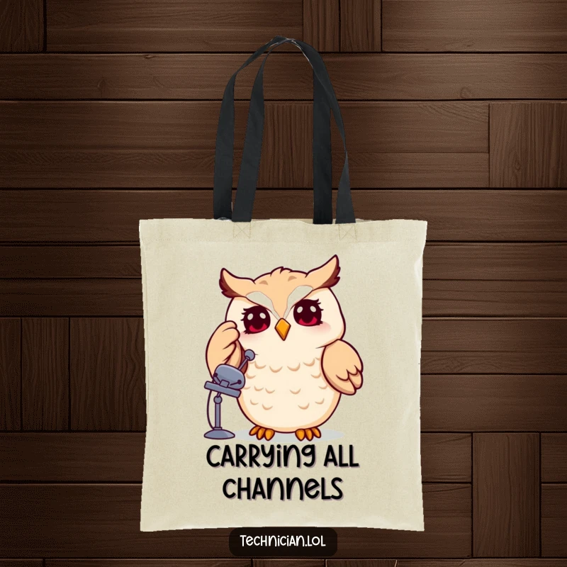 Funny owl adjusting a satellite dish, stylish tote bag, symbolizes communication and smarts, perfect for a funny gift.