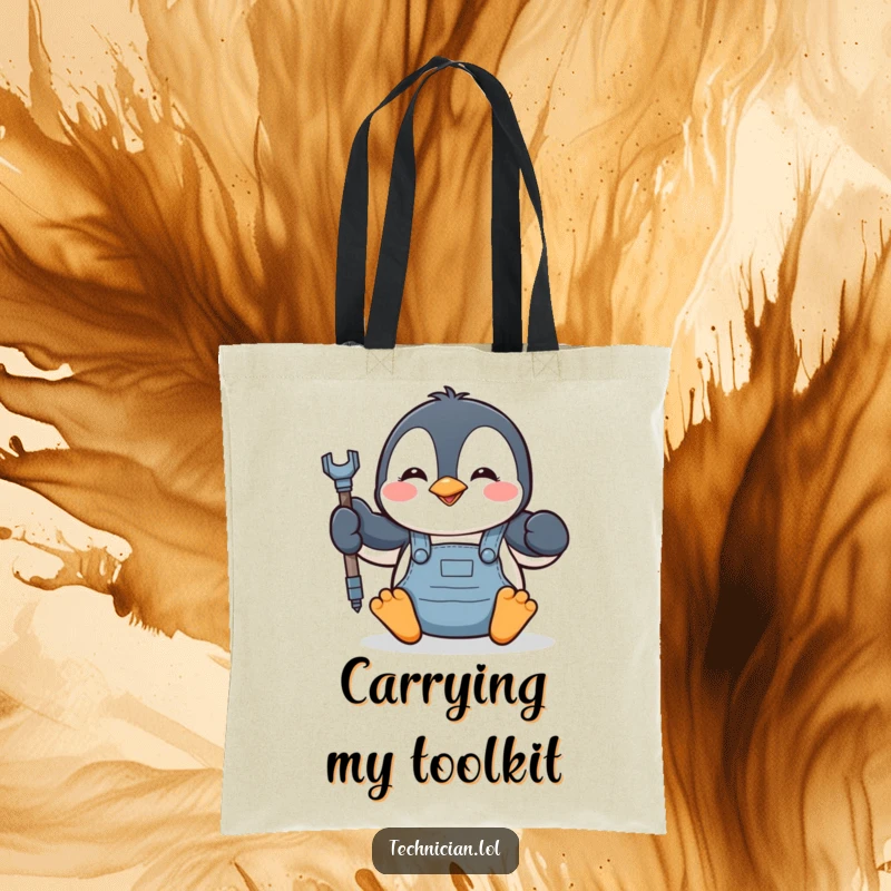 Funny penguin in overalls, tightening a bolt with a tool, printed on a sturdy tote bag, great for shopping.