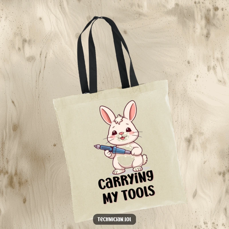 Funny Rabbit Tote Bag with a content rabbit looking satisfied while holding a screwdriver, ideal for carrying tools with humor.