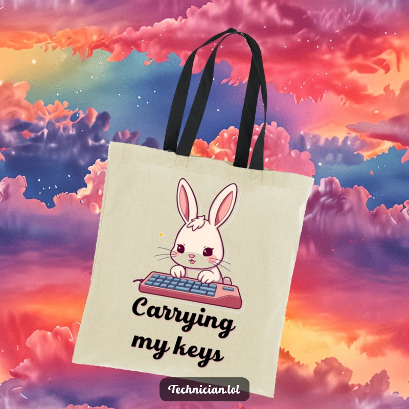 Funny rabbit tote bag, furiously typing on a keyboard, ready to manage projects and ideas on the move.