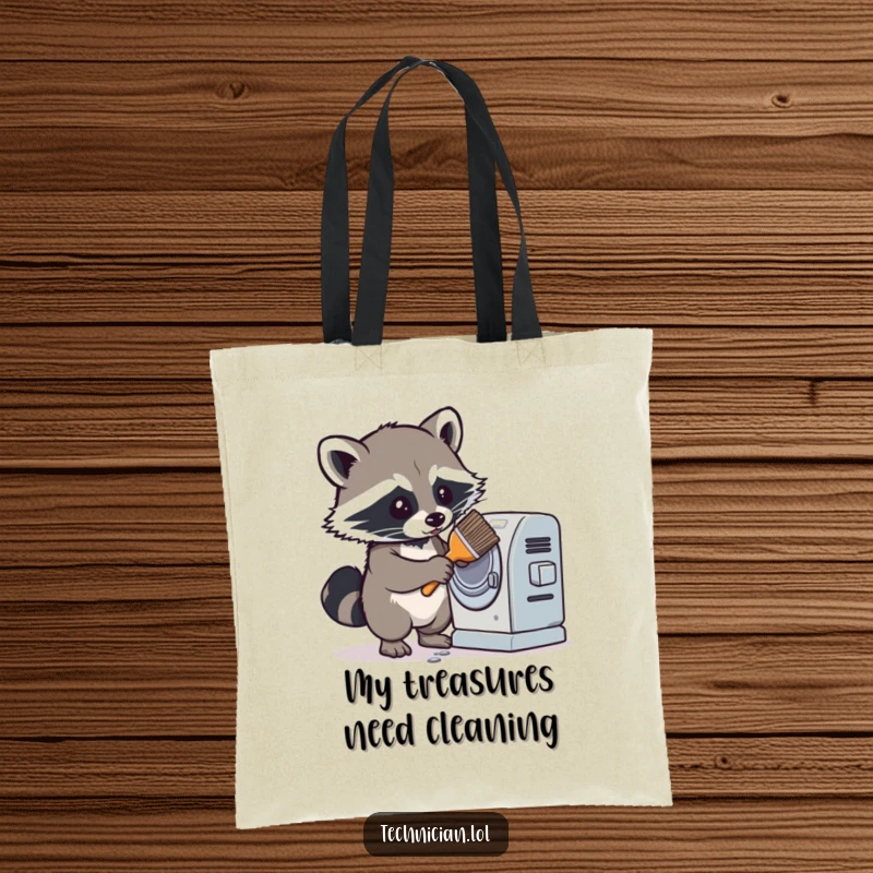 Funny tote bag featuring a determined raccoon cleaning a dusty machine with a brush, ideal for carrying items with a humorous and tidy touch.