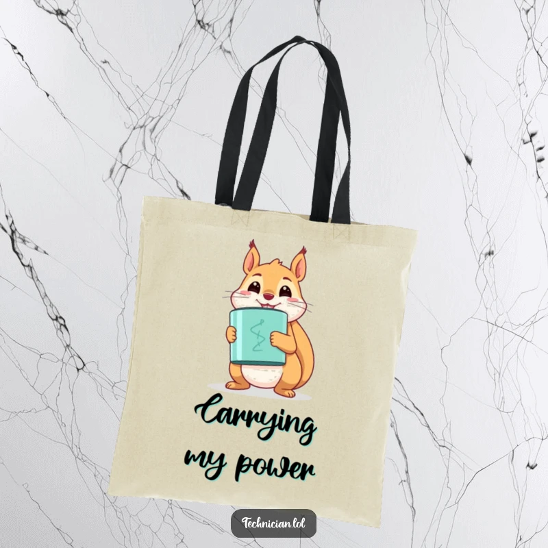 Funny happy squirrel holding a large capacitor with a proud grin, on a practical tote bag.
