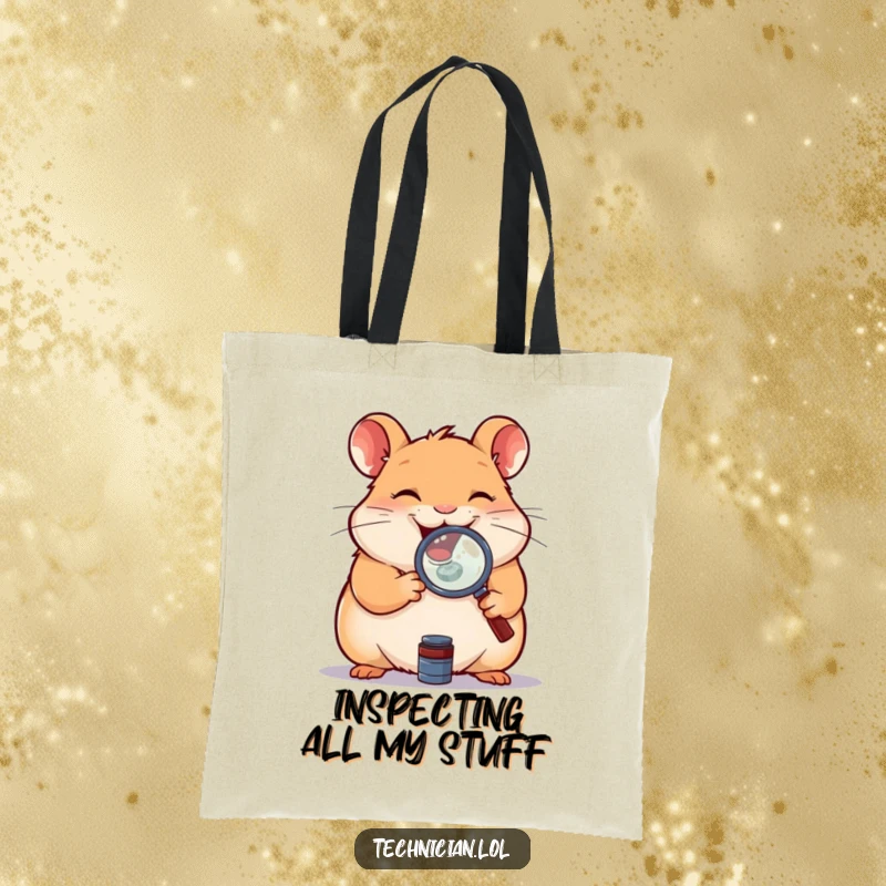 Funny tote bag depicting a giggling hamster examining a small component with a magnifying glass, a whimsical and practical accessory.