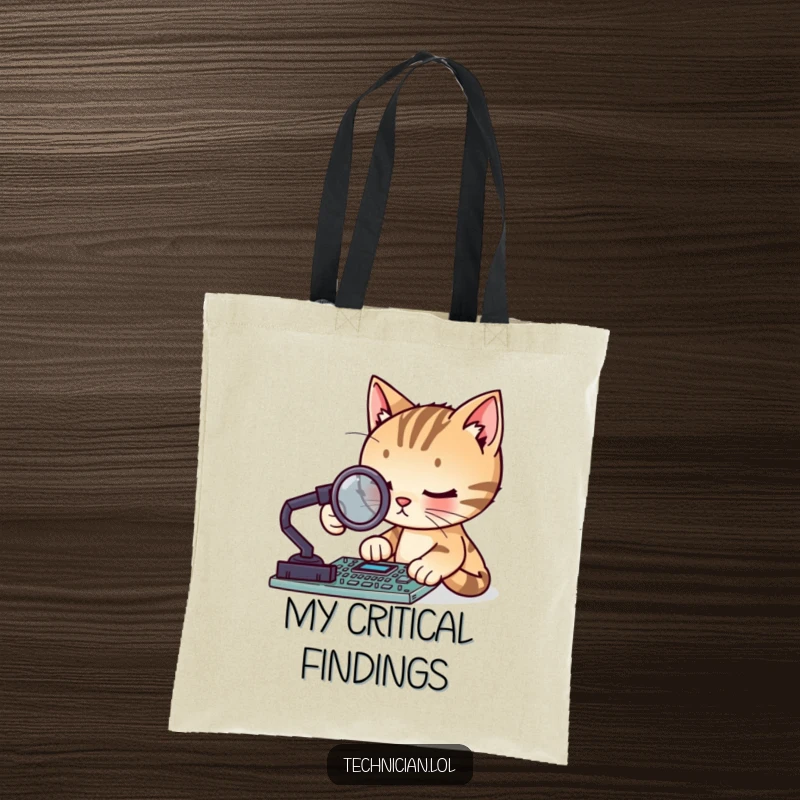 Funny focused cat with a magnifying glass examining a circuit board, on a tote bag, great for a funny gift.