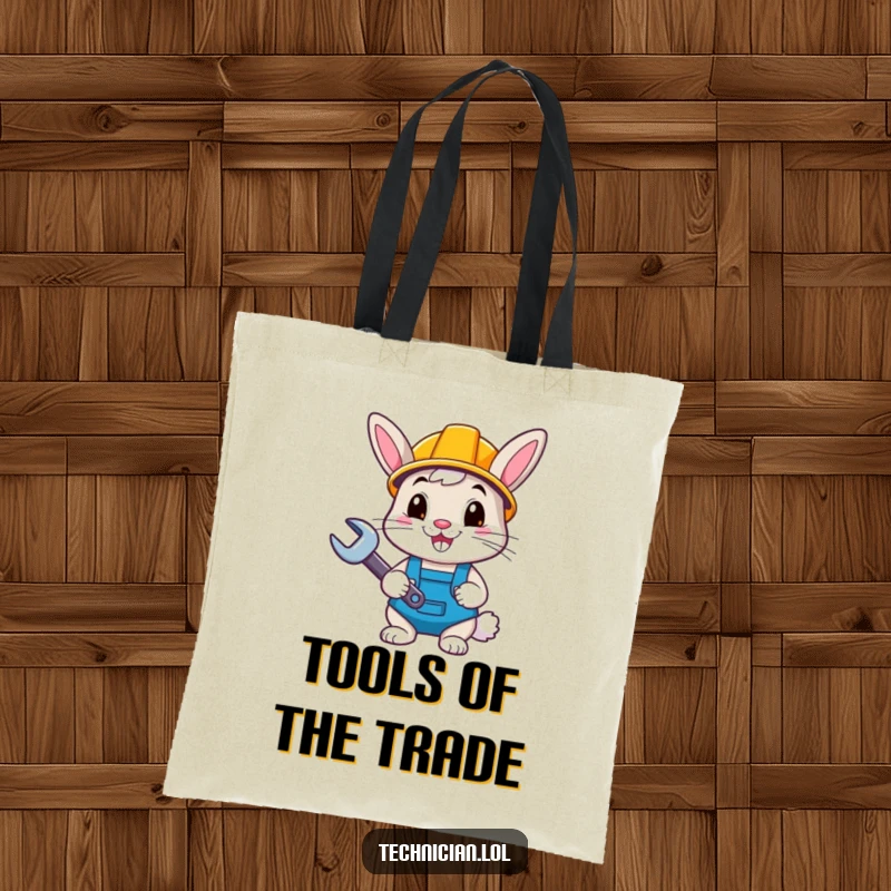 Funny bunny with hard hat and wrench, smiling, on a tote bag, great for a funny gift.