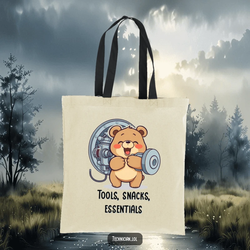 Funny tote bag with a happy bear tightening a screw on a complex machine, a durable and humorous accessory.